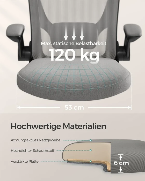 Songmics Bürostuhl ergonomisch mit Amrlehnen, taubengrau