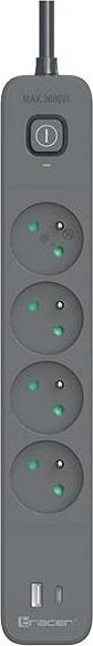 Tracer Surge protector TRACER Zebra mobile ready, 4-fach, 1.8m, graphit