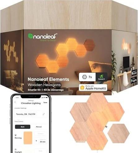 nanoleaf Elements Wood Look Hexagons Smart Lighting LED Panel Starterkit 2W, 7 Stück