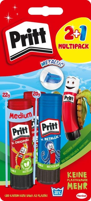 Pritt Original Klebestift, 3 Stück (2x 22g Original + 1x 20g Neon)