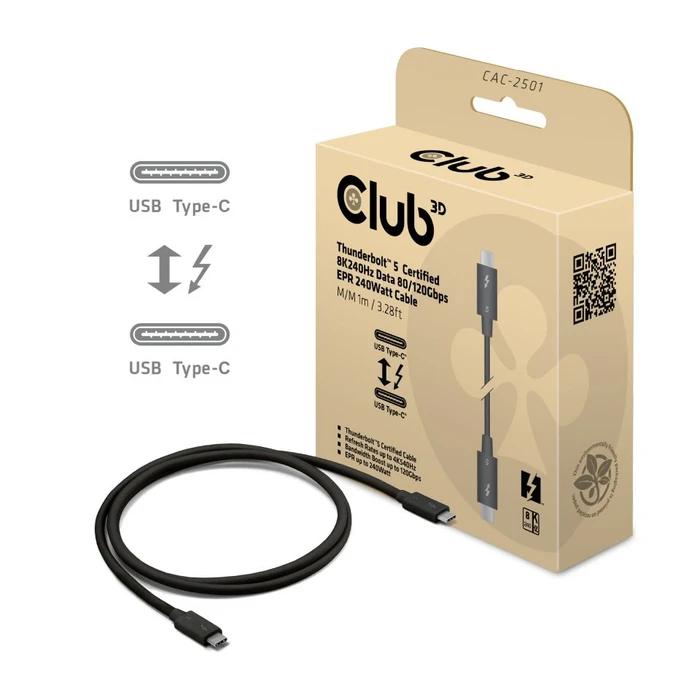 Club 3D Thunderbolt 5 Kabel, 240W, schwarz, 1m (verschiedene Markenbezeichnungen)