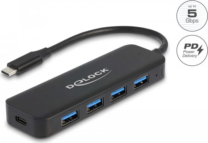 DeLOCK 4-Port USB-Hub mit PD, 4x USB-A 3.0, USB-C 3.0 [Stecker]