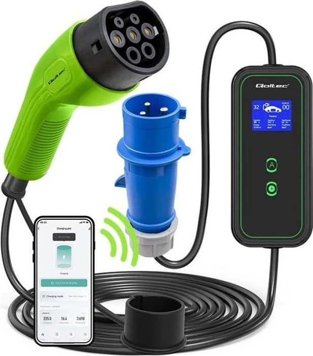 Qoltec Mobiles EV-Ladegeraet mit einstellbarem 2in1-Modus, 7kW, 5m Ladekabel