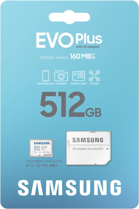 Samsung EVO Plus 2024 R160 512GB Kit, UHS-I U3, A2, Class 10