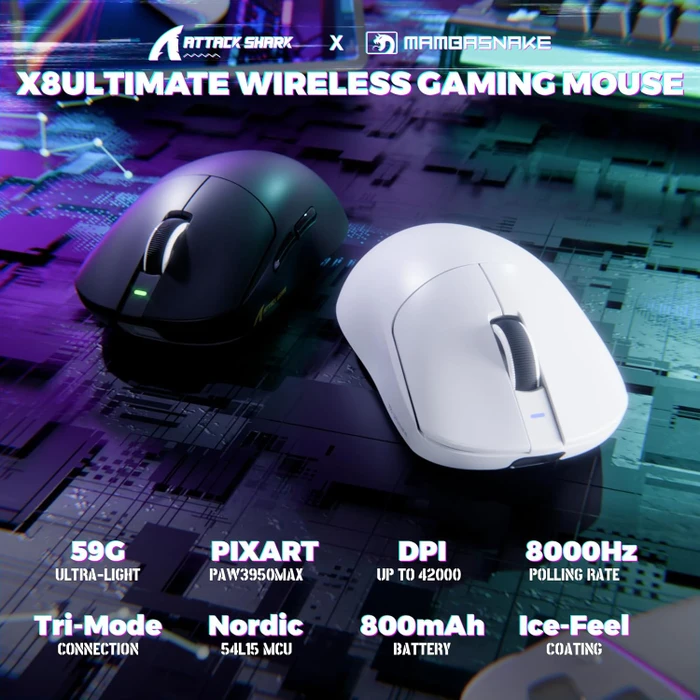 Attack Shark X8 Ultimate 8KHz Tri-mode Wireless Gaming Mouse, weiß, USB/Bluetooth
