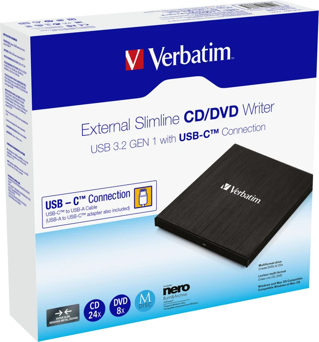 Verbatim Externer CD/DVD-Brenner, SlimLine, USB-C 3.0