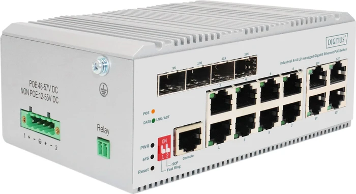 Digitus DN-65 Industrial Railmount Gigabit Managed Switch, 8x RJ-45, 4x RJ-45/SFP, 185W PoE+