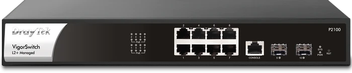 DrayTek VigorSwitch P2100 Desktop Gigabit Managed Switch, 8x RJ-45, 2x SFP, 140W PoE+