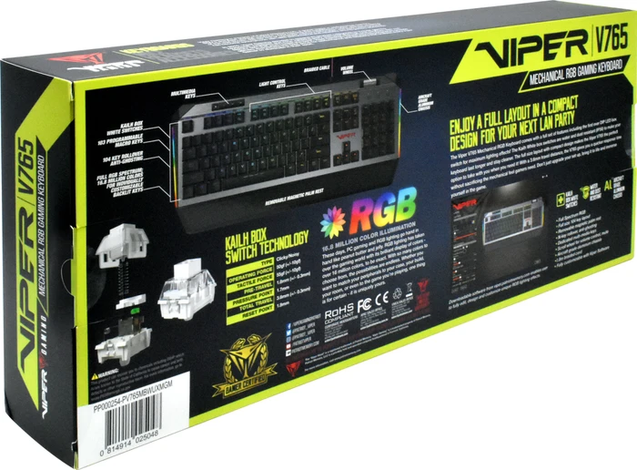 Patriot Viper V765 Mechanical RGB Keyboard, Kailh Box WHITE, US