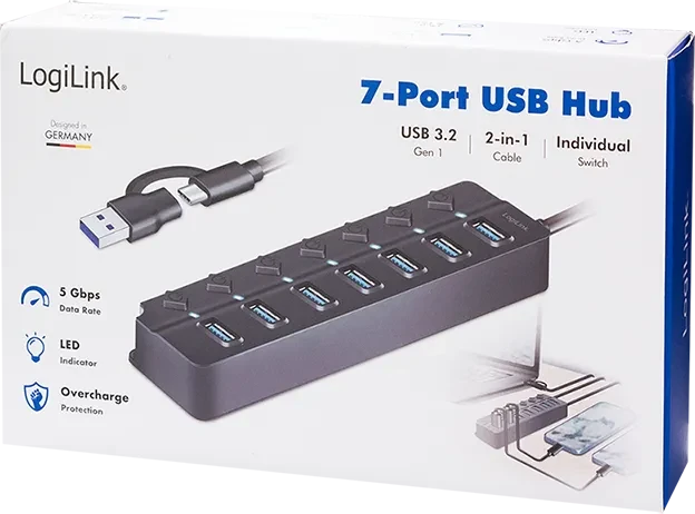 LogiLink USB 3.2 Gen1 Hub mit Ein-/Aus-Schalter, 7x USB-A 3.0, USB-C/USB-A 3.0 [Stecker]