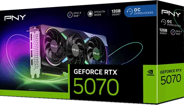 PNY GeForce RTX 5070 ARGB Epic-X RGB Overclocked Triple Fan, 12GB GDDR7, HDMI, 3x DP
