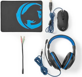 Nedis Evnor 3-in-1 Gaming Combo Kit mit Mouse, Mousepad und Headset, schwarz/blau, USB (GCK31100BK)