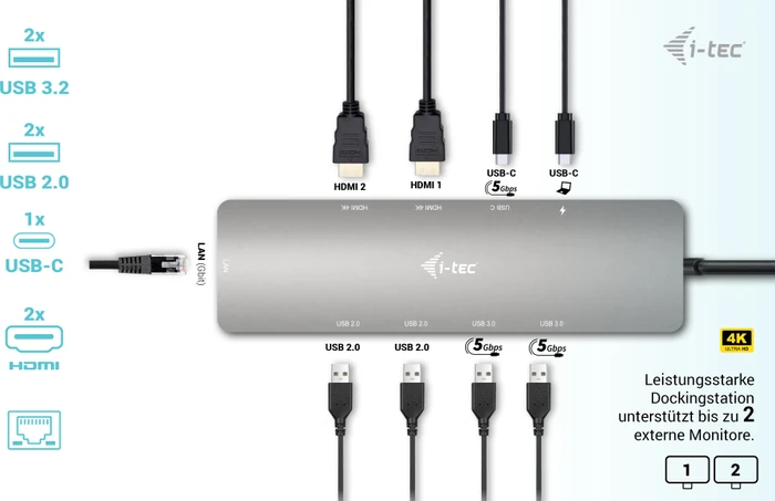 i-tec USB-C Metal Nano 2x Display Docking Station + Power Delivery 100W, inkl. Netzteil, USB-C 3.0 [Stecker]
