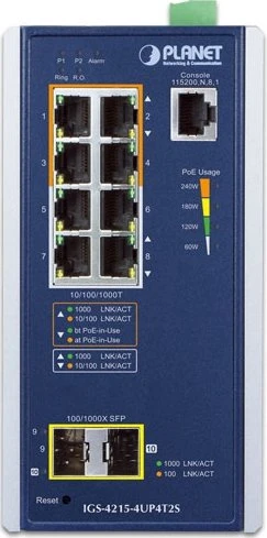 Planet IGS-4215 Industrial Railmount Gigabit Managed Switch, 8x RJ-45, 2x SFP, 240W PoE++