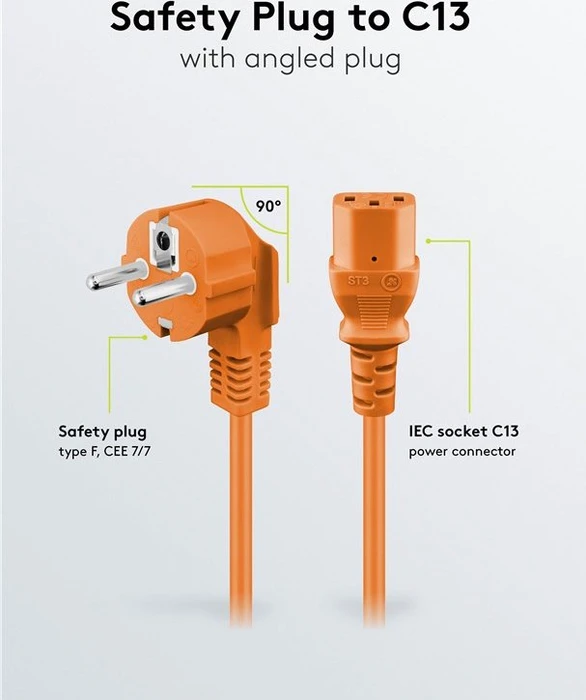 Wentronic Goobay Kaltgeräte Netzkabel, Schutzkontakt auf Kaltgerätestecker C13, gewinkelt, orange, 2m
