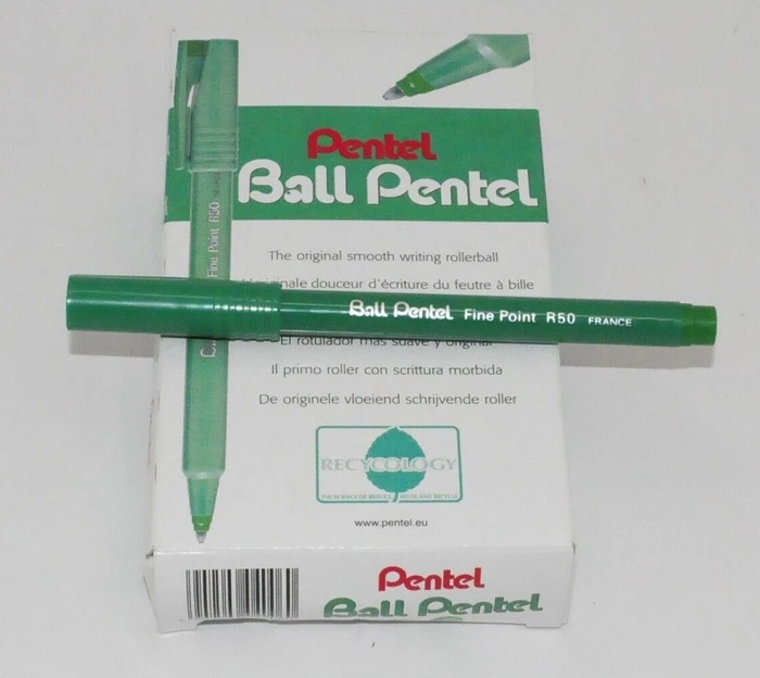 Pentel Ball Fine Point R50 0.4mm grün Tintenroller (Mine), 12er-Pack