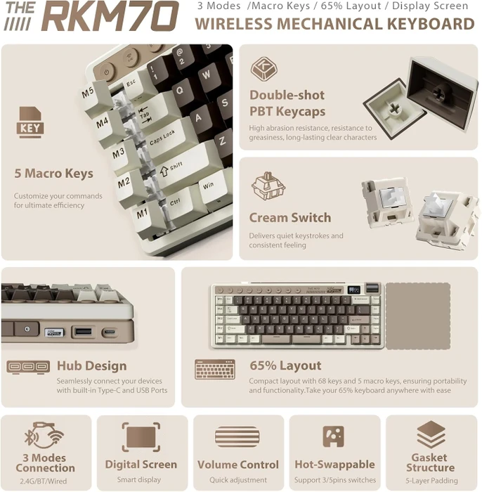 RK Royal Kludge M70 Wireless, Mocha Grey, beige/grau, LEDs RGB, hot-swap, RK Linear Cream, USB/Bluetooth, US