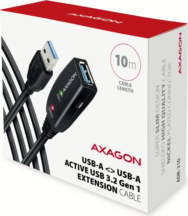 Axagon USB-A Verlängerung, USB 3.0, 5Gb/s, USB-A 3.0 [Stecker] auf USB-A 3.0 [Buchse], aktiv, Verlängerungskabel A/A, 10m