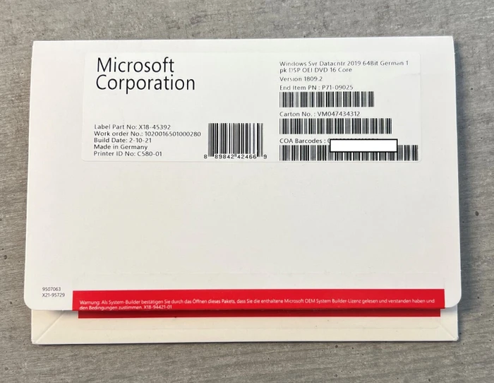 Microsoft Windows Server 2019 Datacenter 64Bit, 16 Cores, OEM/DSP/SB (deutsch) (PC)