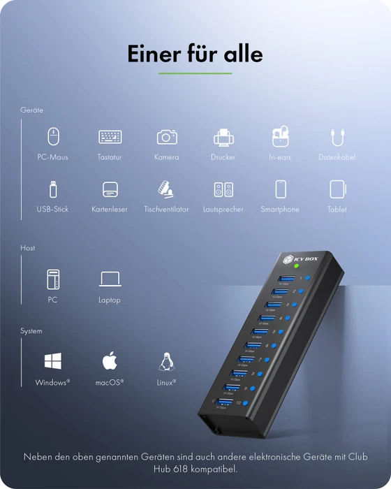 RaidSonic Icy Box IB-AC6110a USB-Hub, 10x USB-A 3.1, USB-B 3.1 [Buchse]