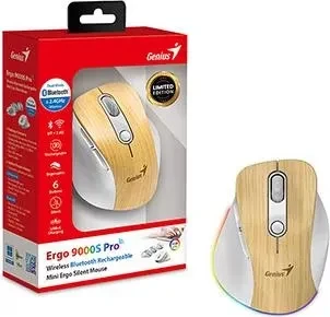 Genius Ergo 9000S Pro Wireless Bluetooth Rechargeable Mini Ergo Silent Mouse, Pine Wood, USB/Bluetooth