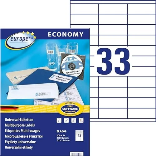 europe100 Etiketten, 70x25.4mm, weiß, 100 Blatt (3300 Etiketten)