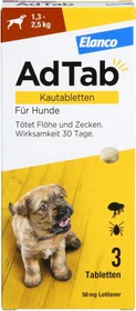 Elanco AdTab Hund 1.3-2.5kg Kautabletten gegen Zecken und Flöhe, 3 Stück