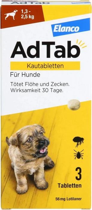 Elanco AdTab Hund 1.3-2.5kg Kautabletten gegen Zecken und Flöhe, 3 Stück