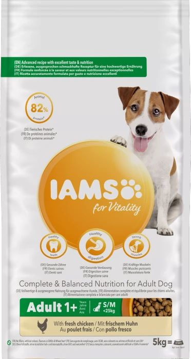 IAMS for Vitality für ausgewachsene Hunde kleiner und mittelgroßer Rasse, mit Huhn, 5kg