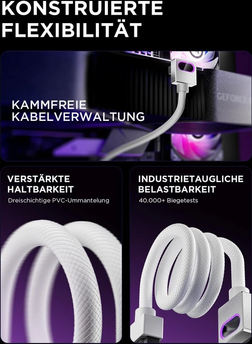 AsiaHorse Hydrus 12VHPWR, 12VHPWR Kabel, 1x 16-Pin PCIe 5.0 Stecker auf 16-Pin PCIe 5.0 Stecker, 90° gewinkelt, Typ B, Clip oben, RGB beleuchtet, weiß, 50cm