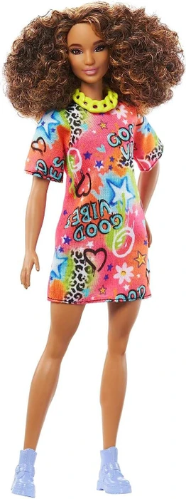 Mattel Barbie - Fashionistas lockige braune Haare T-Shirt-Kleid mit Graffiti-Druck