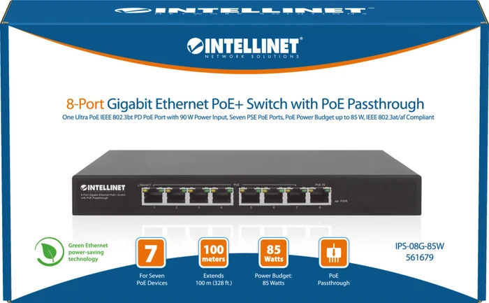 Intellinet Desktop Gigabit Switch, 8x RJ-45, 85W PoE++ PD
