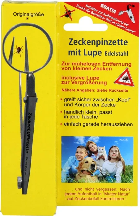 Pharma Brutscher Chirurgenstahl mit Lupe Zeckenpinzette