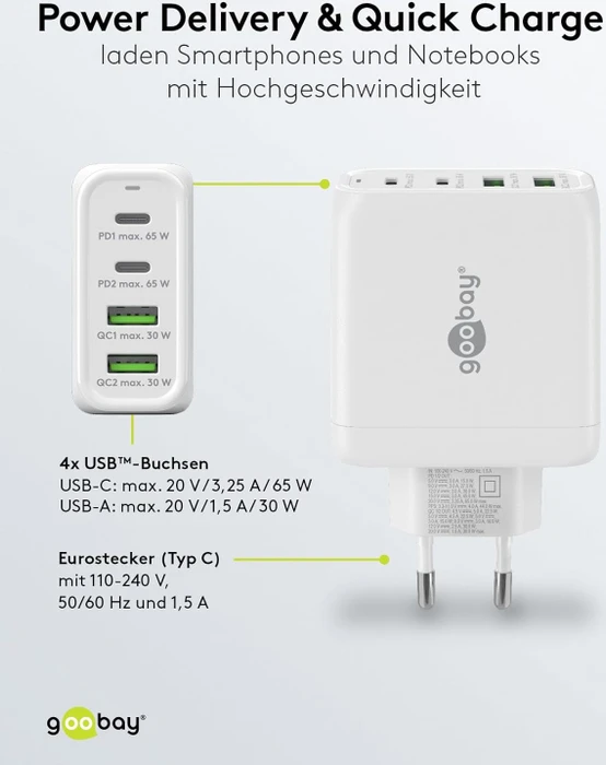 goobay 4-Port GaN Netzteil, USB-C/USB-A, 2x USB-C + 2x USB-A, 68W, weiß
