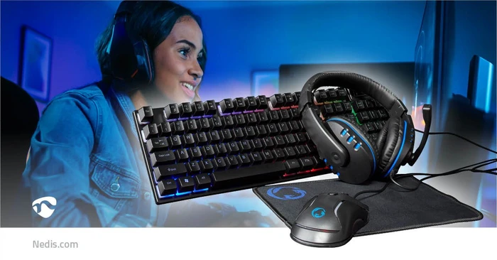 Nedis 5in1 Gaming Combo Kit, Tastatur, Headset, Maus und Mousepad, USB, US