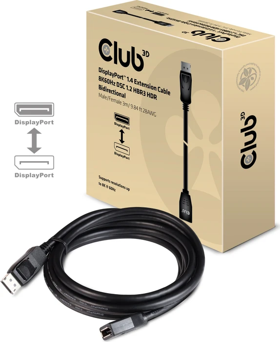 Club 3D DisplayPort 1.4 Verlängerungskabel 8K60Hz DSC1.2 HBR3 HDR schwarz, 3m
