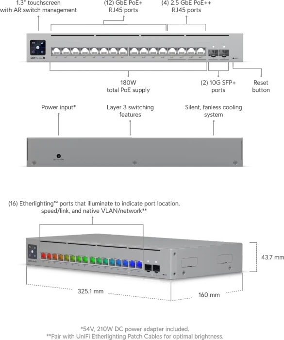 Ubiquiti UniFi Pro Max Rackmount Gigabit Smart Switch, 16x RJ-45, 2x SFP+, 180W PoE++