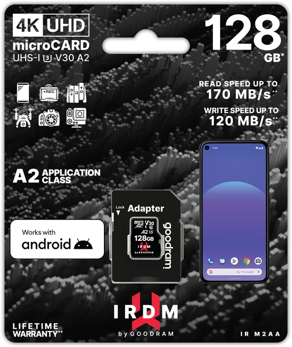 goodram M2AA IRDM MICROCARD R170/W120 128GB Kit, UHS-I U3, A2, Class 10