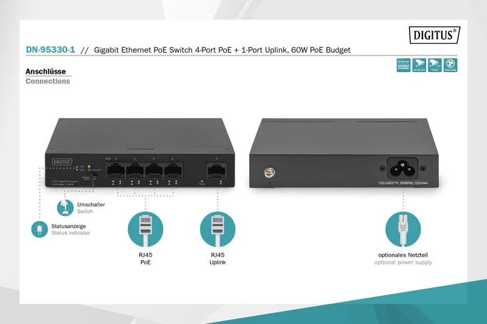 Digitus DN-953 Desktop Gigabit Switch, 5x RJ-45, 60W PoE+