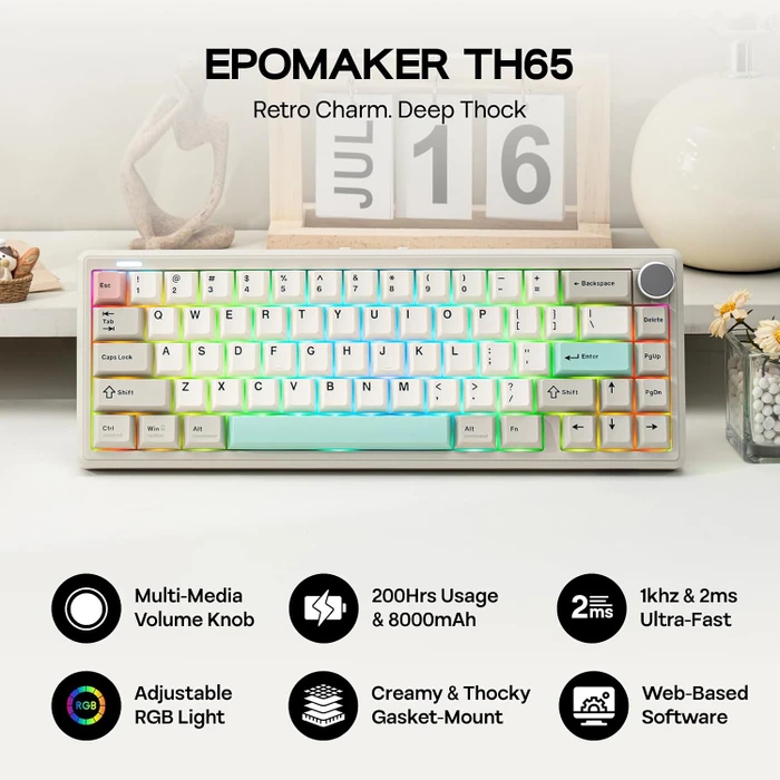 Epomaker TH65 Wireless, Retro White, grau, LEDs RGB, hot-swap, Epomaker Crystal Tactile Silent, USB/Bluetooth, US