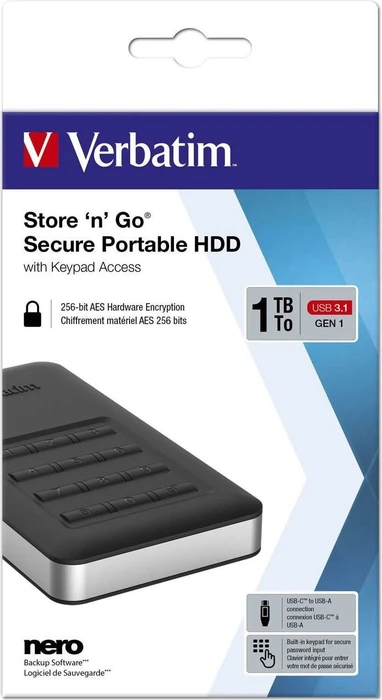 Verbatim Store 'n' Go Secure Portable HDD, 1TB, USB-C 3.0