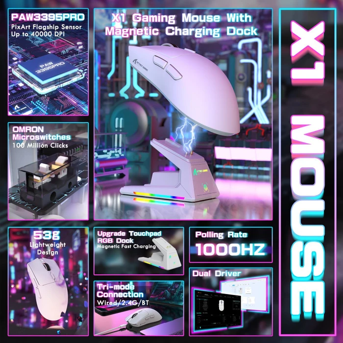 Attack Shark X1 Tri-mode Wireless Gaming Mouse mit Ladestation, weiß, USB/Bluetooth