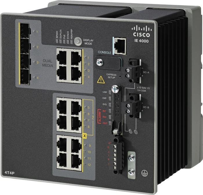 Cisco IE 4000 LAN Base Industrial Railmount Managed Switch, 8x RJ-45, 4x RJ-45/SFP, 120W PoE+
