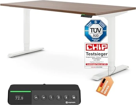 Ergotopia Desktopia Pro X elektrisch höhenverstellbarer Sitz-Steh-Schreibtisch 180x80cm Nussbaum/weiß