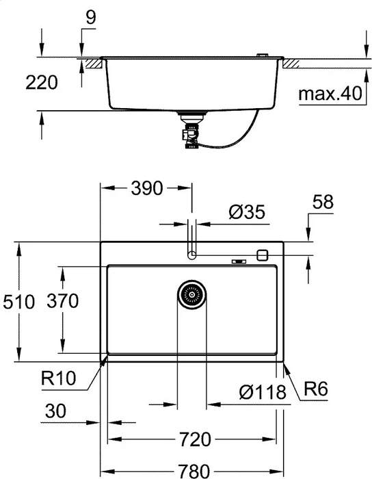 Grohe K700 80-C 78/51 1.0 Einbau Becken mittig granit schwarz