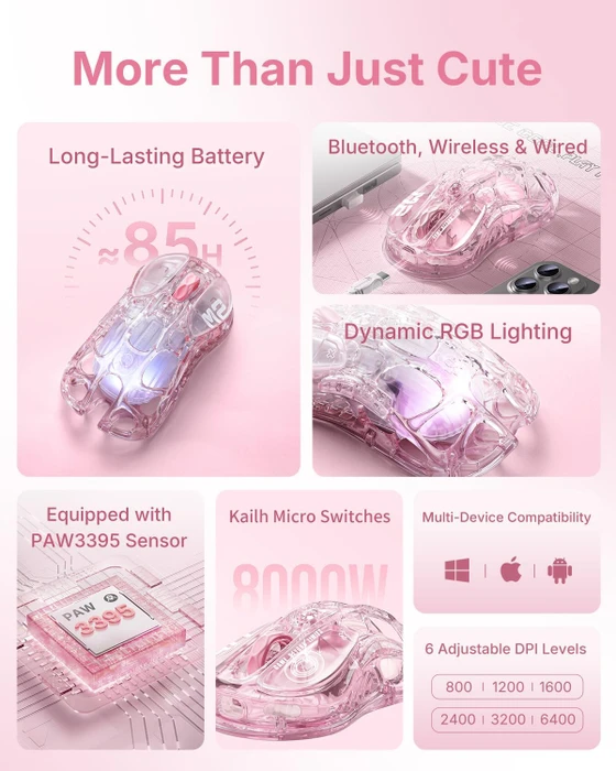 GravaStar Mercury M2 Wireless Gaming Mouse, Crystal Rose, USB/Bluetooth
