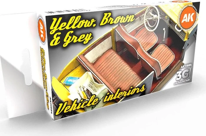 AK-Interactive 3rd Gen Acrylic Colors Yellow Brown & Grey Vehicle Interiors Farbset, 6-tlg.