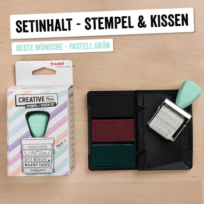 trodat Creative Mini Handstempel mit 12 Abdrucken "Beste Wünsche" inkl. 3-farbigem Kissen, 30x5mm, pastell grün, 2er-Set