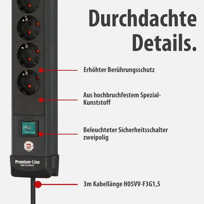 Brennenstuhl Premium-Line, 6-fach, 1x USB-A/1x USB-C USB-PD, 3m, schwarz