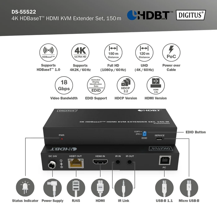 Digitus HDMI KVM Extender Set Extender HDBaseT 1.0, 4K, 60Hz, Cat6a/7/8, 120m